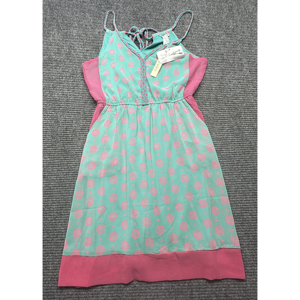 Esley Dress‎ Womens Small Pink Blue Halter V-Neck Floral Print Lined Sundress